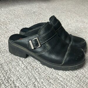 Harley-Davidson Leather Mule Clog Black Leather Slip-On Shoes with Buckle W/9/40